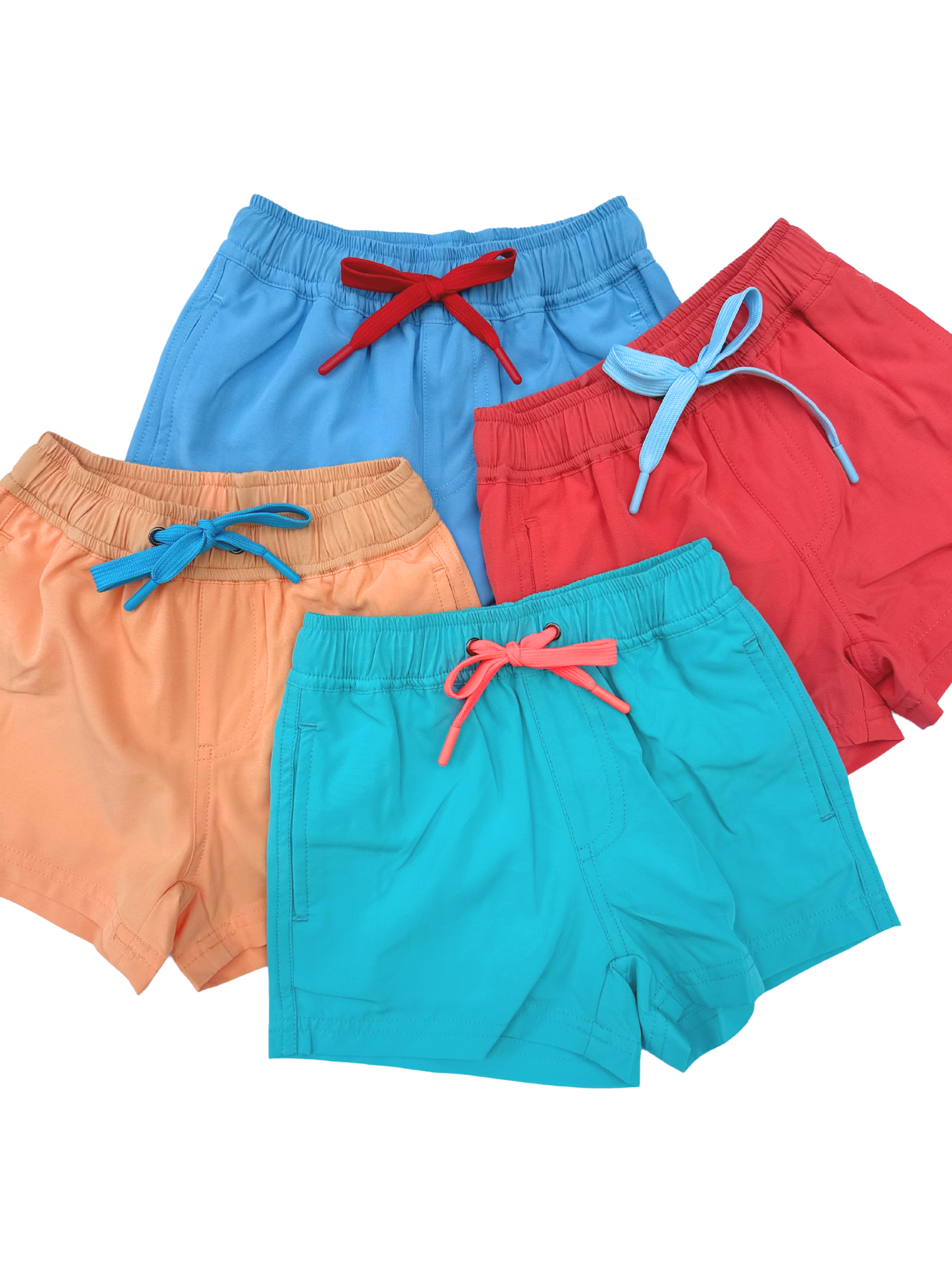 Blue, red, orange and turquoise Tarry's boys swim shorts group shot