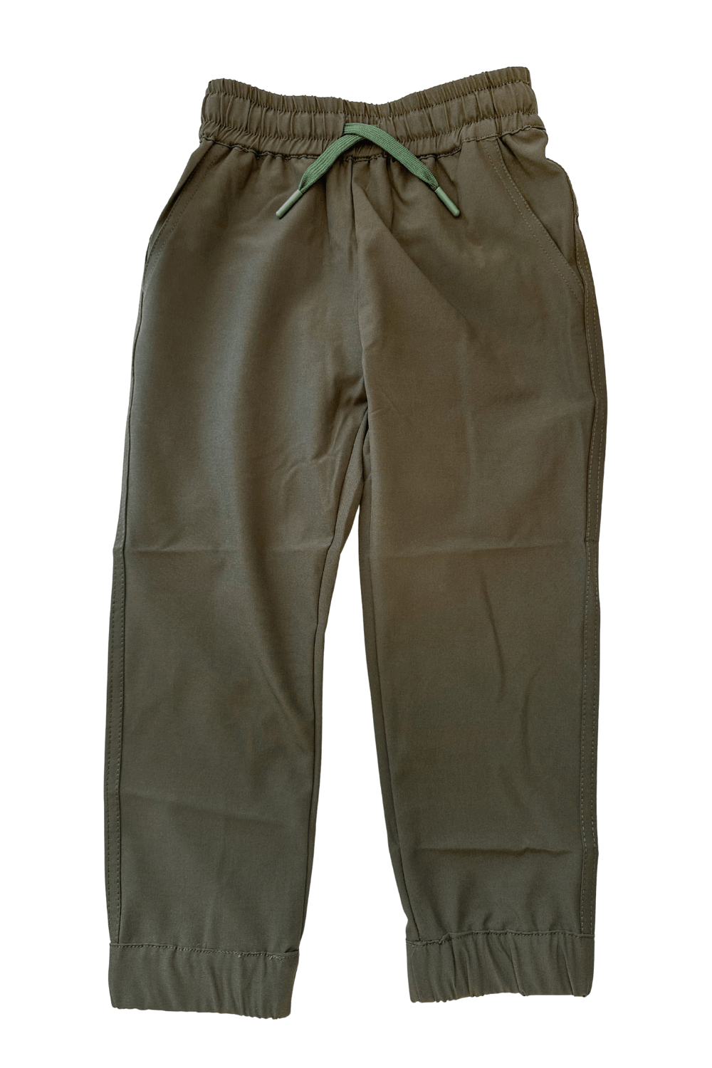 Forest green boys pants with a green drawstring on a white background