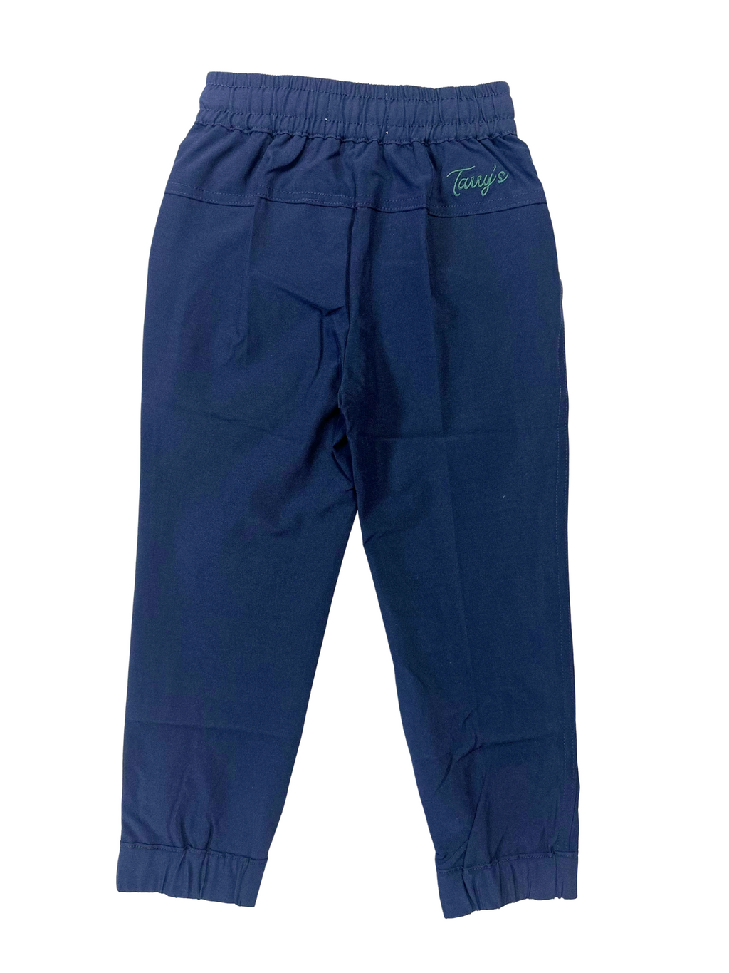 Navy pants with a Tarry's brand logo from the back view on a white background