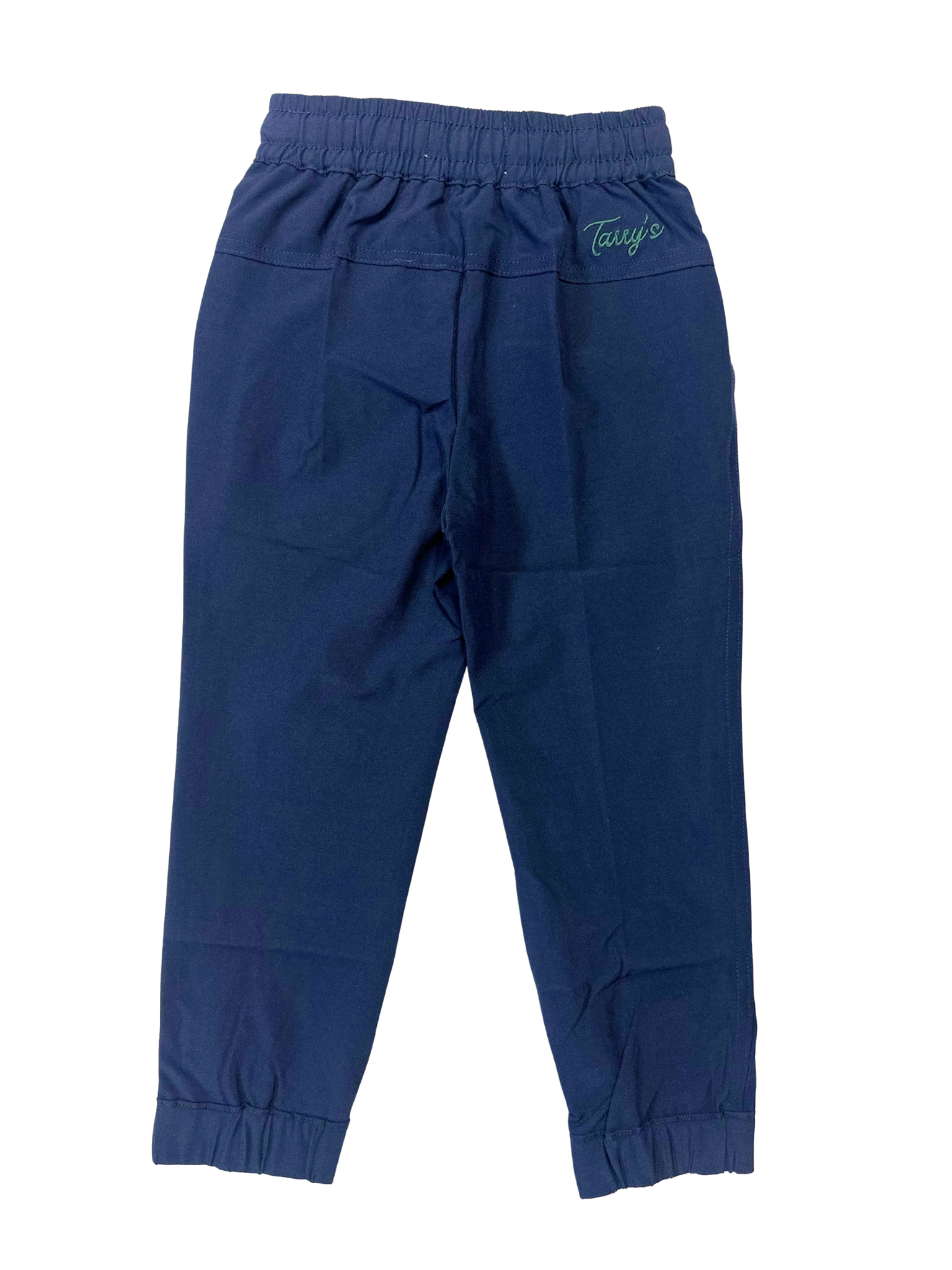 Navy pants with a Tarry's brand logo from the back view on a white background