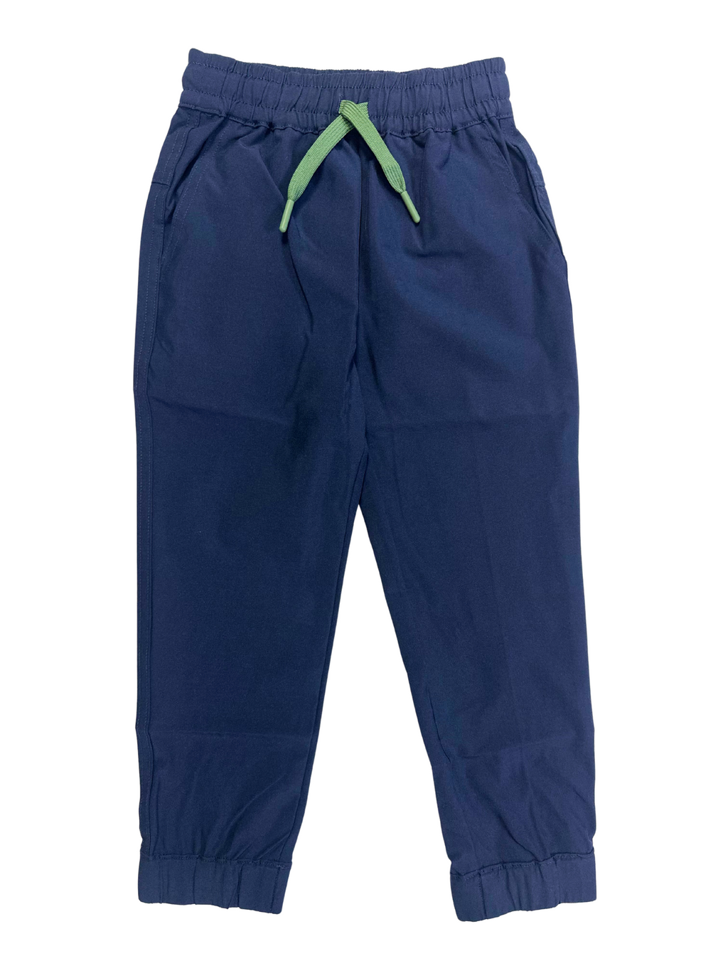 Navy boys pants with a green drawstring on a white background