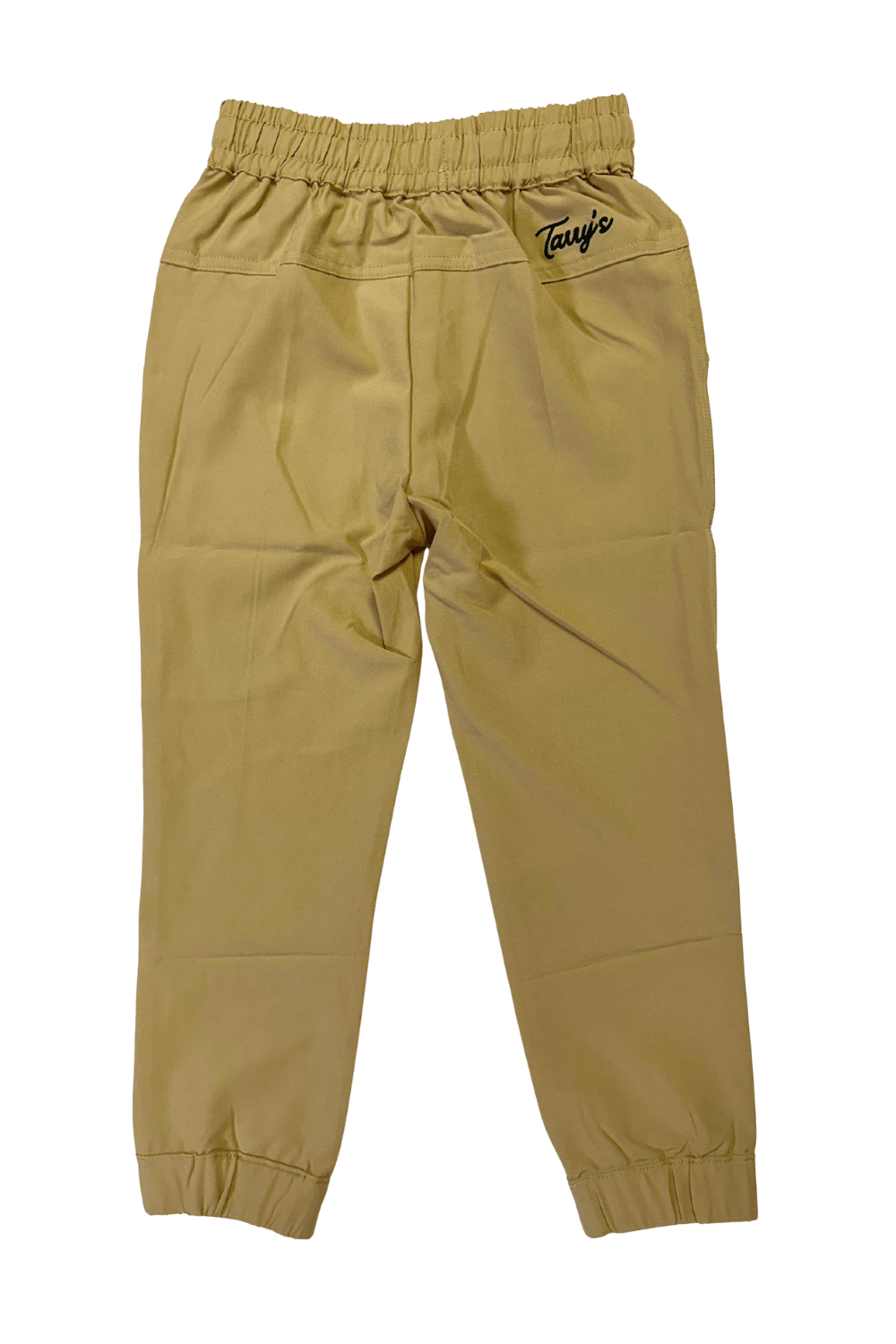 Tan boys pants with a Tarry's brand logo from the back view on a white background