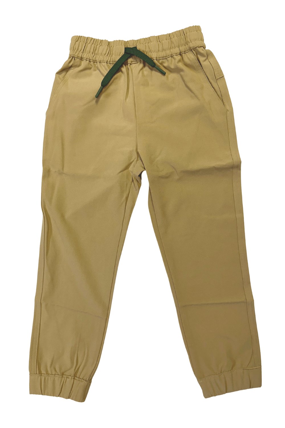 Tan boys pants with a green drawstring on a white background