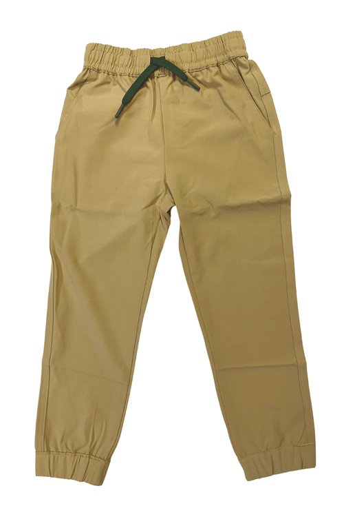 Tan boys pants with a green drawstring on a white background