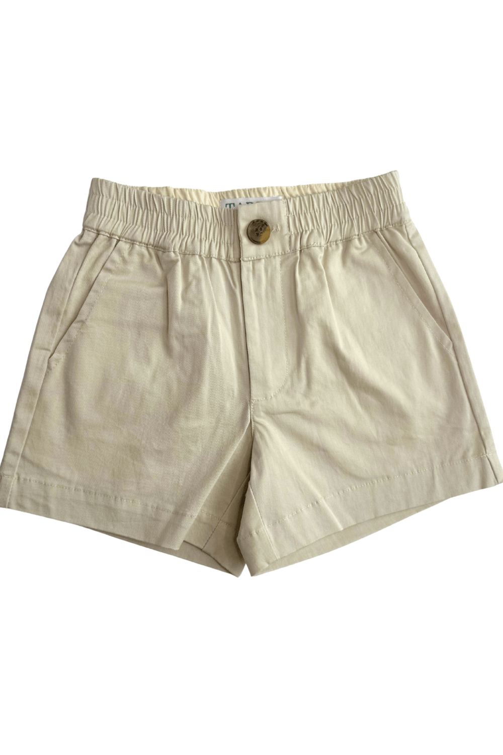 Khaki boys shorts with a button on a white background