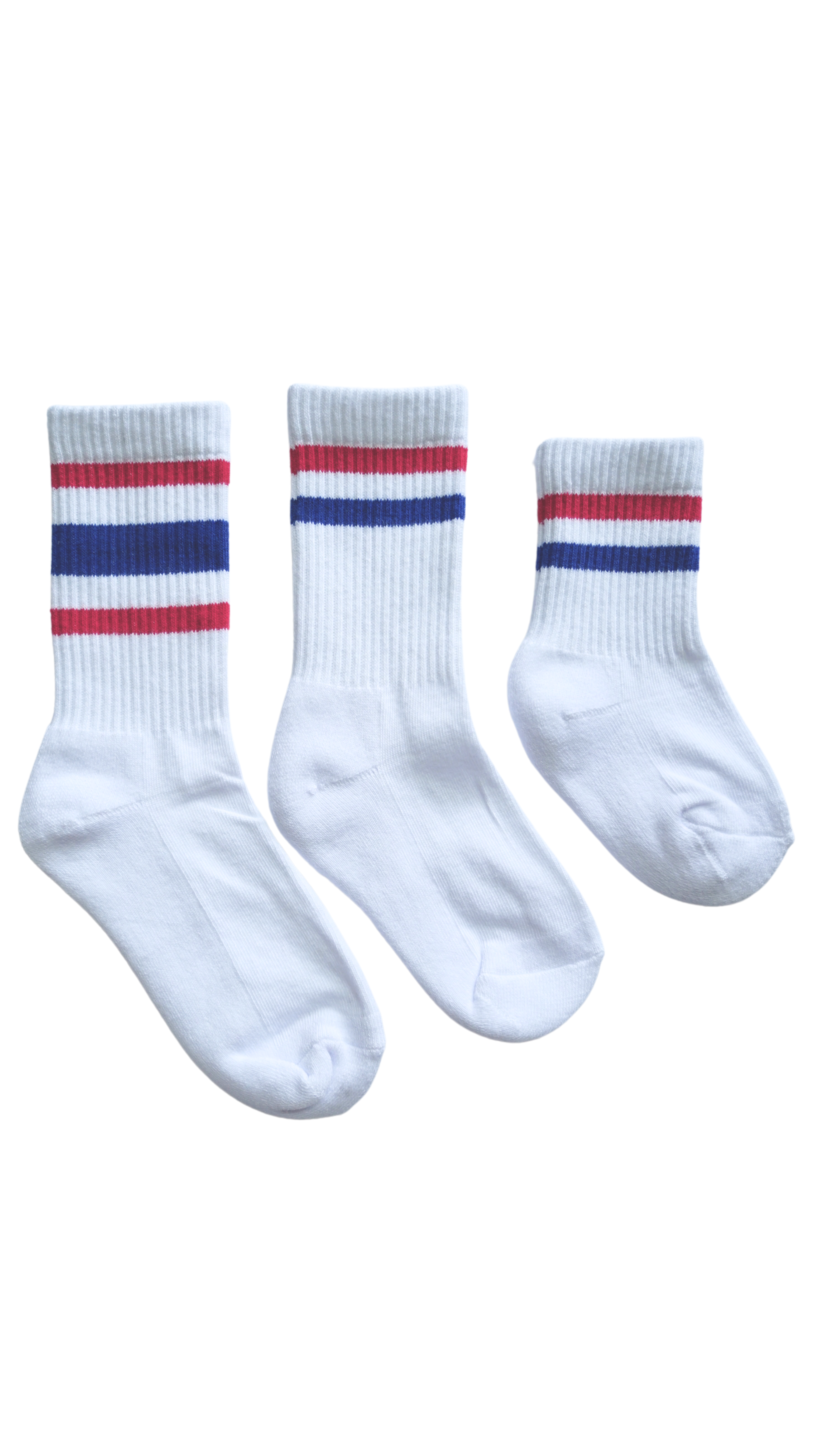 Three white boys socks with red and blue stripes on a white background