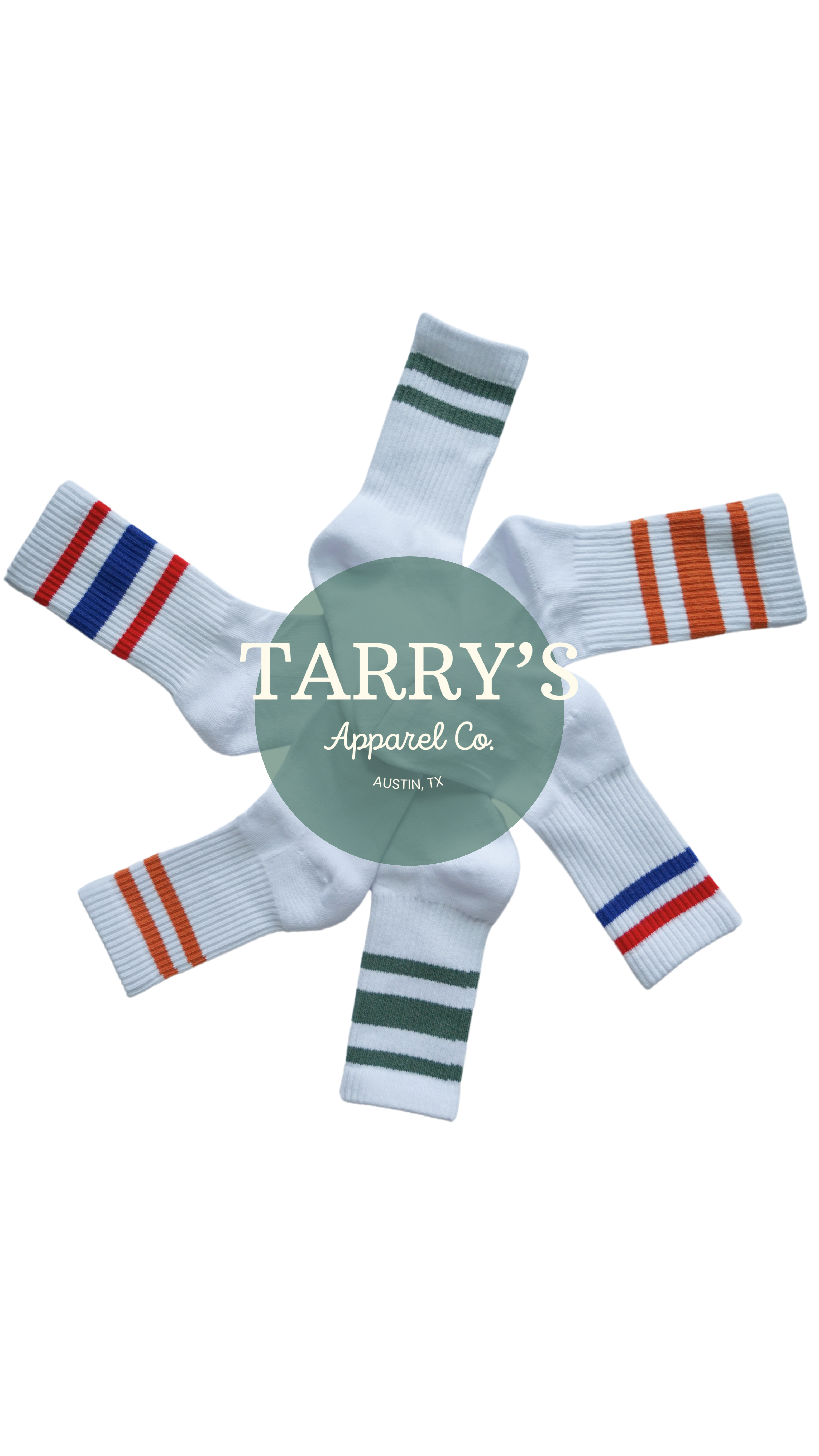 Five striped socks arranged in a star pattern with 'Tarry's Apparel Co' logo in the center.