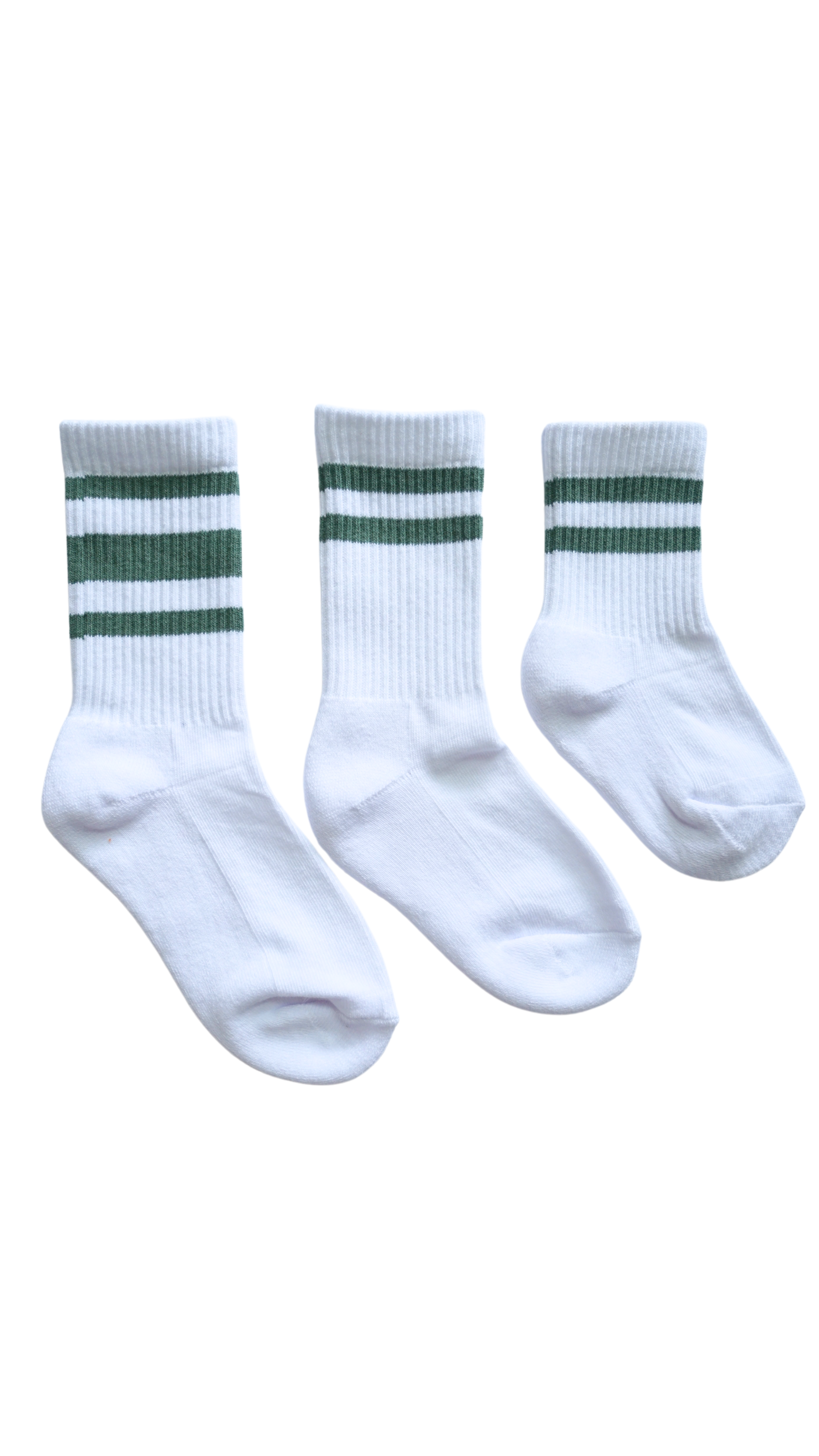 Three white boys socks with green stripes on a white background