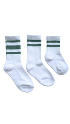 Three white boys socks with green stripes on a white background