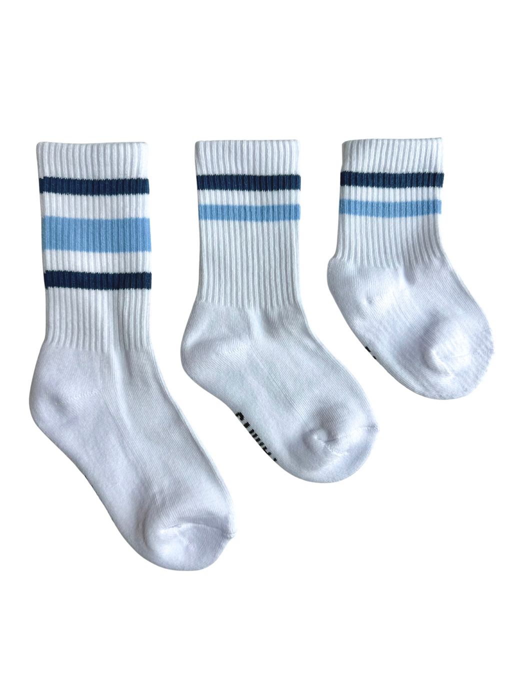 Three white boys socks with navy and blue stripes on a white background