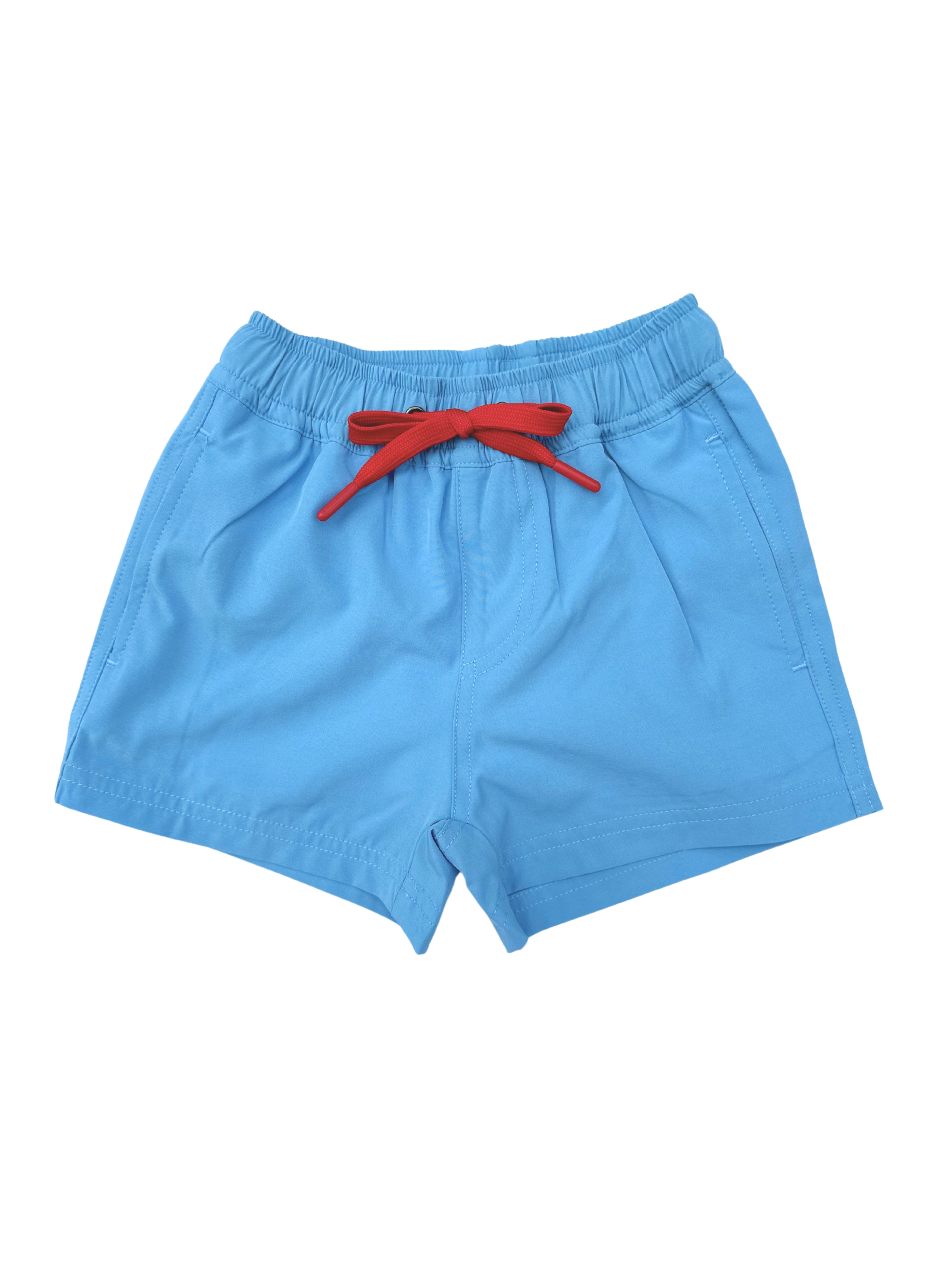 Blue boys swim shorts with a blue drawstring on a white background