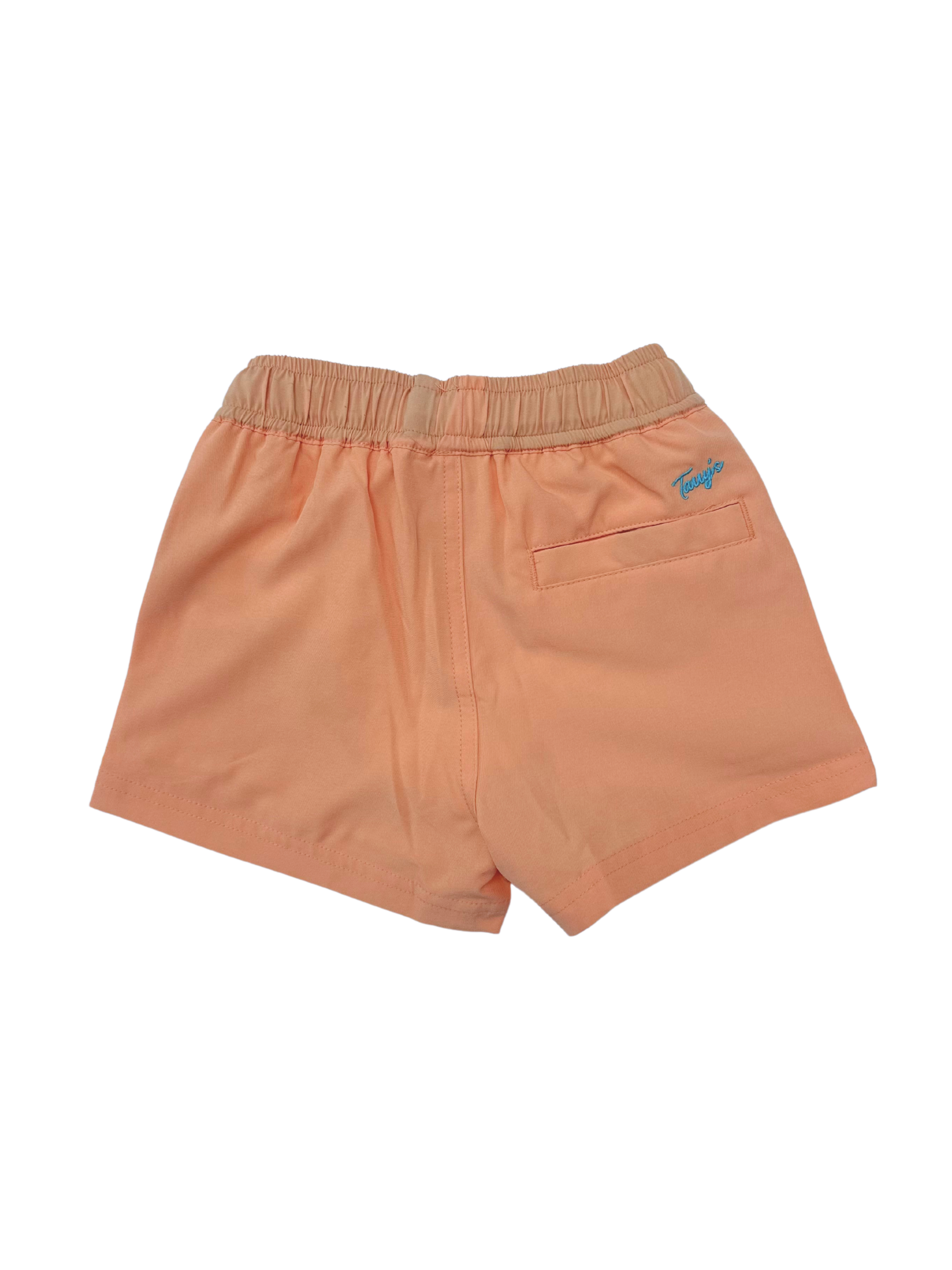 Orange swim shorts with a Tarry's brand logo on a white background back view