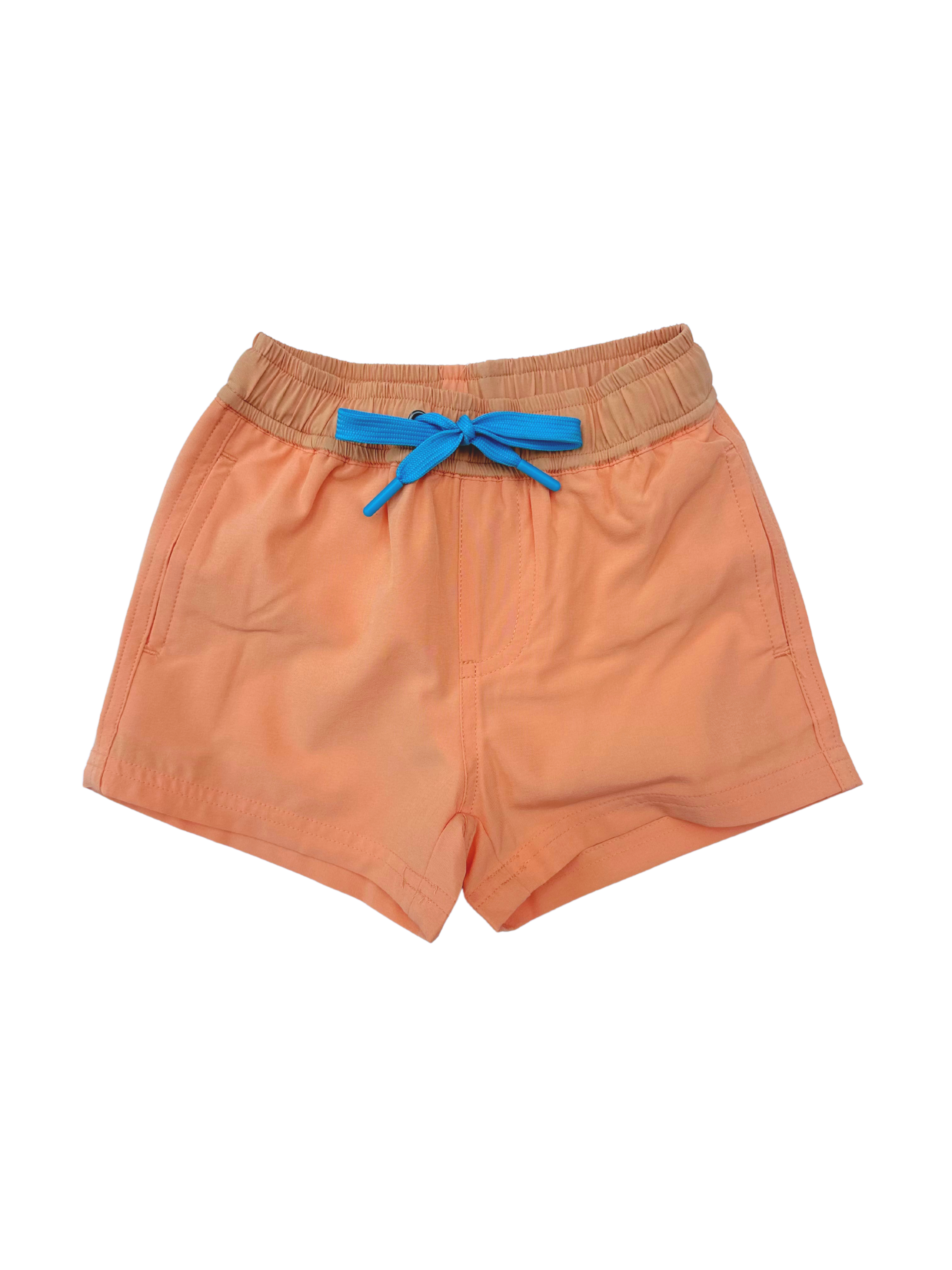 Orange boys swim shorts with a blue drawstring on a white background