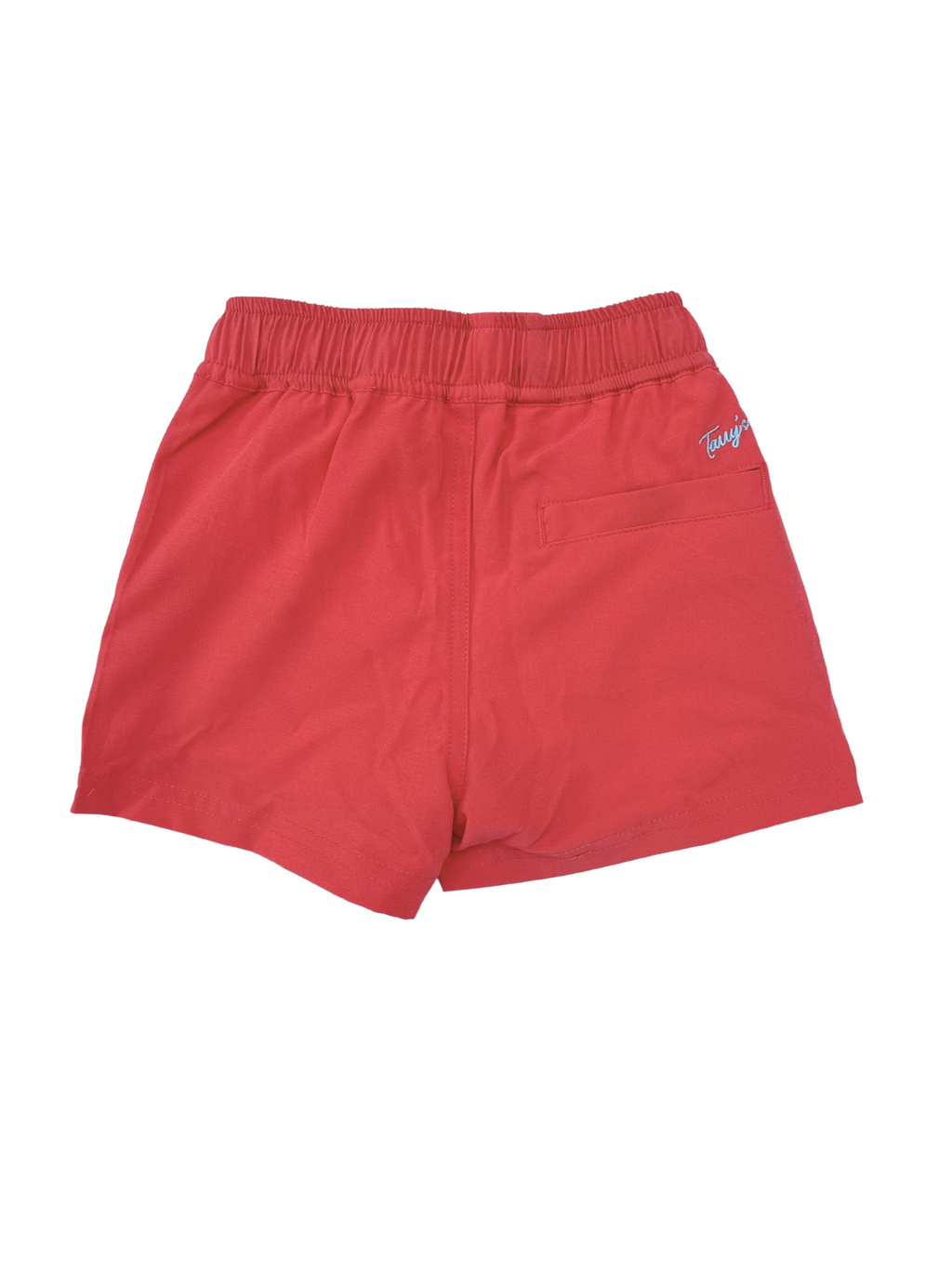 Red swim shorts with a Tarry's brand logo on a white background back view