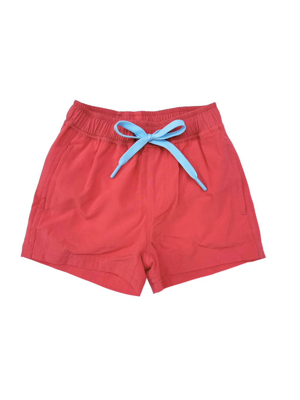 Red boys swim shorts with a blue drawstring on a white background