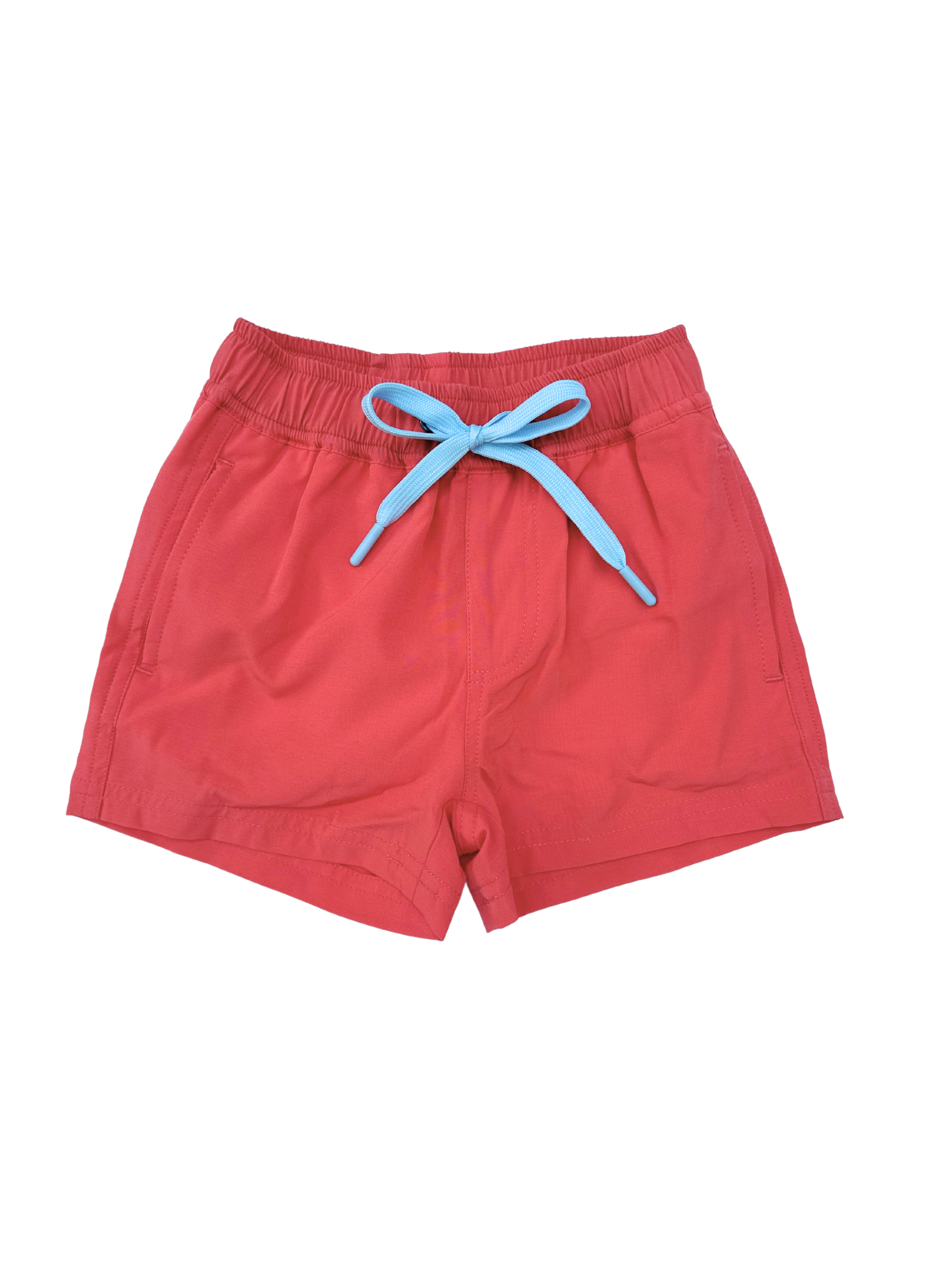 Red boys swim shorts with a blue drawstring on a white background