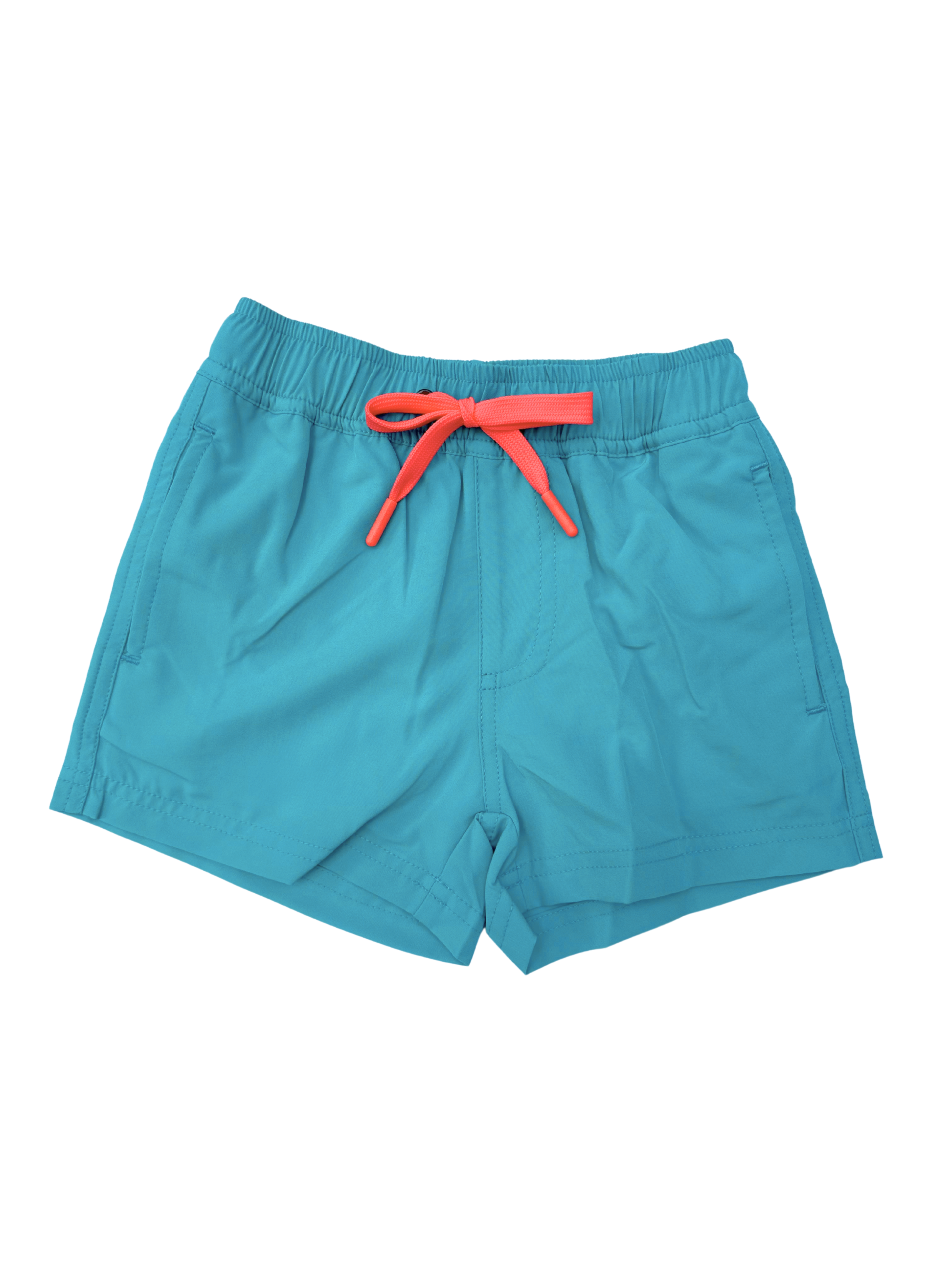Turquoise boys swim shorts with a blue drawstring on a white background